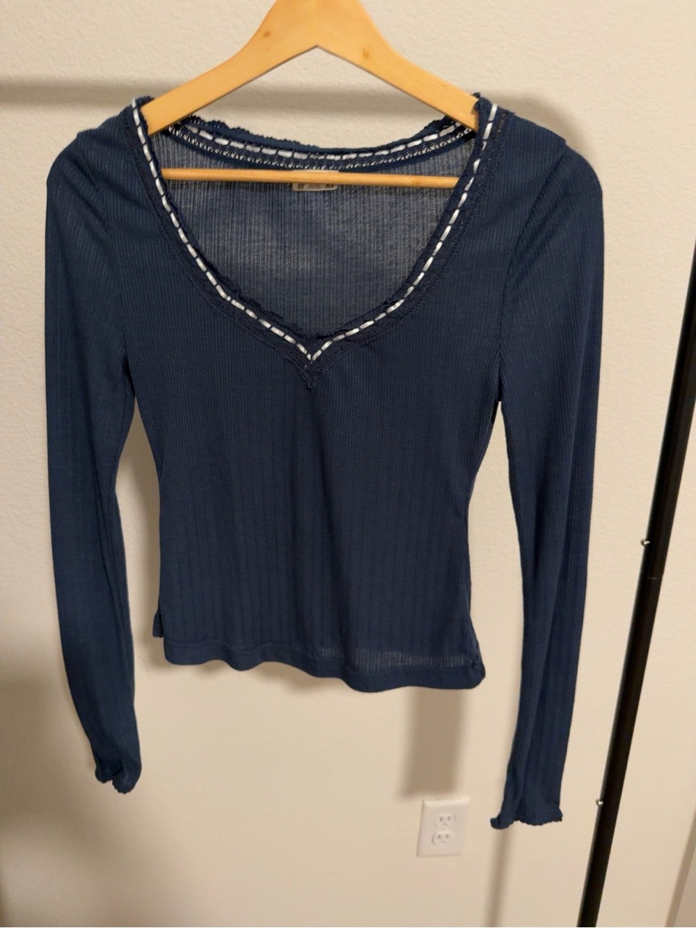 Free People Navy Blue Ribbed Long Sleeve Top Size M Y2K